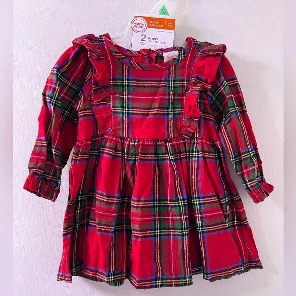 Baby Girls Plaid Dress Outfit with Matching Tights size 6-9 M